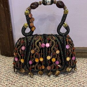 Elegant Beaded Black and Gold Handbag